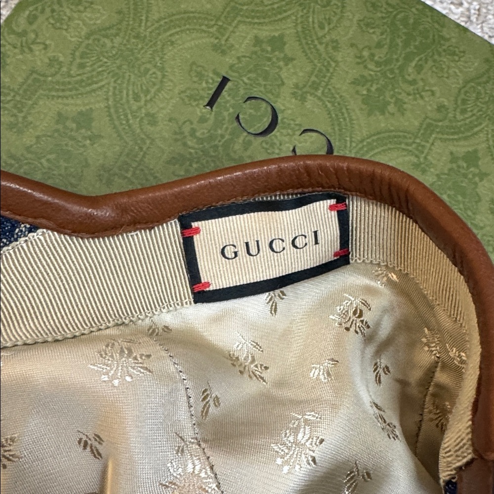 Gucci Blue Monogram Denim Baseball Cap with Brown Trim - Picture 5 of 6